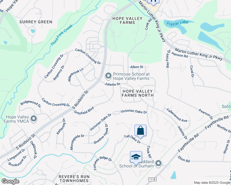 map of restaurants, bars, coffee shops, grocery stores, and more near 5312 Greyfield Boulevard in Durham