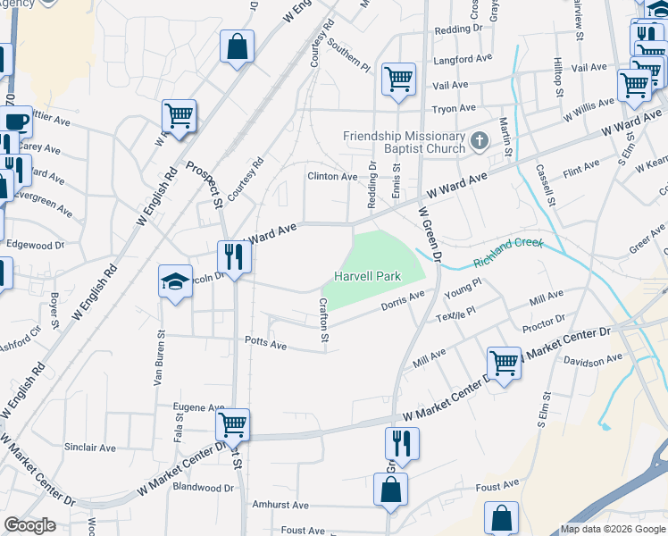 map of restaurants, bars, coffee shops, grocery stores, and more near 1224 Lincoln Drive in High Point