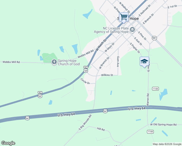 map of restaurants, bars, coffee shops, grocery stores, and more near 103 Virginia Street in Spring Hope