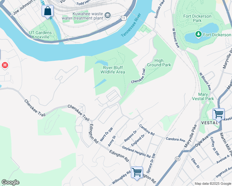 map of restaurants, bars, coffee shops, grocery stores, and more near 1101 Tree Top Way in Knoxville