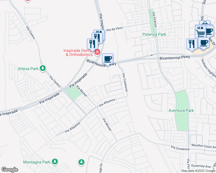 map of restaurants, bars, coffee shops, grocery stores, and more near 2505 Merlara Street in Henderson