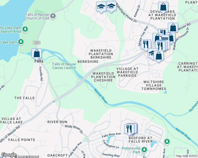 map of restaurants, bars, coffee shops, grocery stores, and more near 12541 Waterlow Park Lane in Raleigh