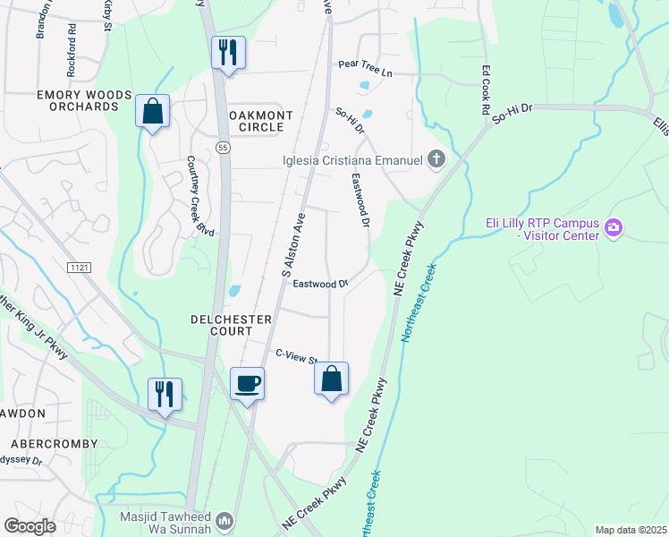map of restaurants, bars, coffee shops, grocery stores, and more near 2005 Eastwood Drive in Durham
