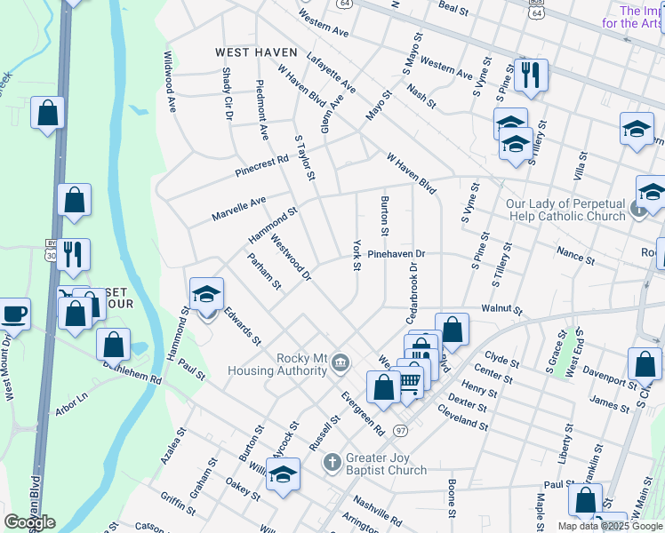 map of restaurants, bars, coffee shops, grocery stores, and more near 1405 Pinehaven Drive in Rocky Mount