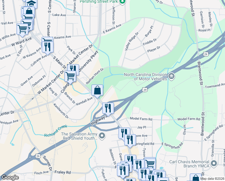 map of restaurants, bars, coffee shops, grocery stores, and more near 124 Greenview Terrace in High Point