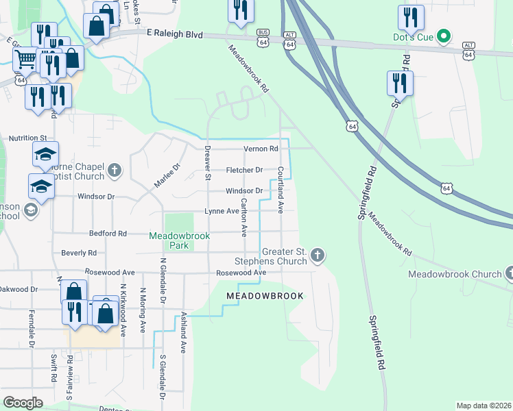map of restaurants, bars, coffee shops, grocery stores, and more near 1909 Lynne Avenue in Rocky Mount