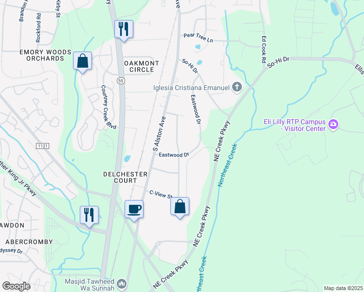 map of restaurants, bars, coffee shops, grocery stores, and more near 2005 Eastwood Drive in Durham