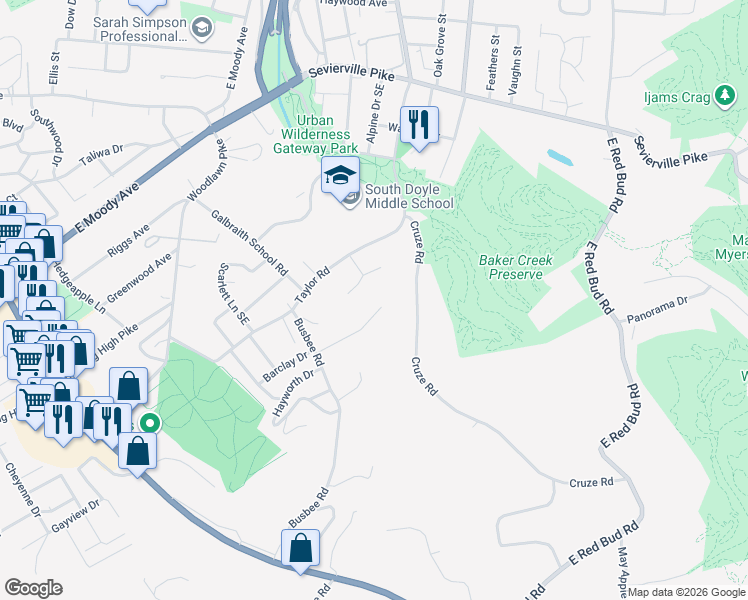 map of restaurants, bars, coffee shops, grocery stores, and more near 807 Barclay Drive in Knoxville