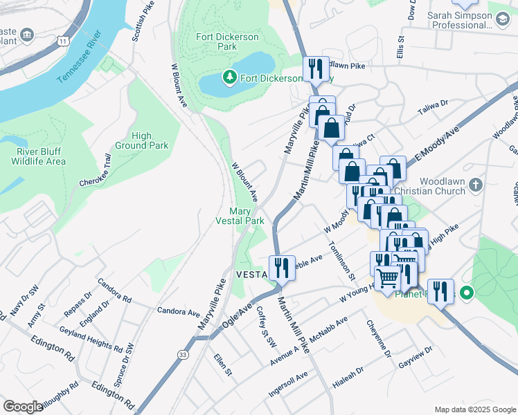 map of restaurants, bars, coffee shops, grocery stores, and more near 406 Maryville Pike in Knoxville