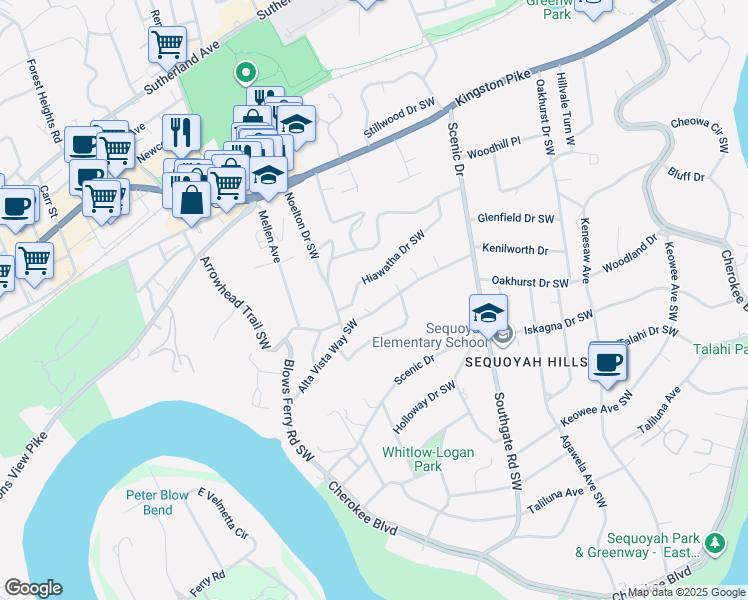 map of restaurants, bars, coffee shops, grocery stores, and more near 4224 Alta Vista Way Southwest in Knoxville
