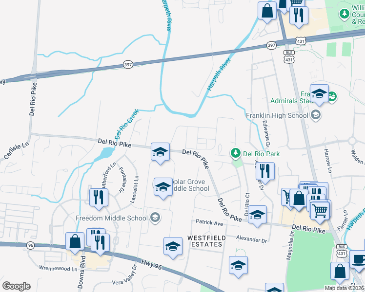 map of restaurants, bars, coffee shops, grocery stores, and more near 1000 Reese Drive in Franklin
