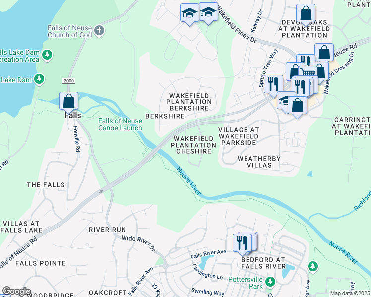 map of restaurants, bars, coffee shops, grocery stores, and more near 12541 Waterlow Park Lane in Raleigh
