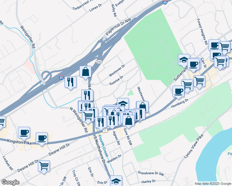 map of restaurants, bars, coffee shops, grocery stores, and more near 5800 Woodburn Drive in Knoxville