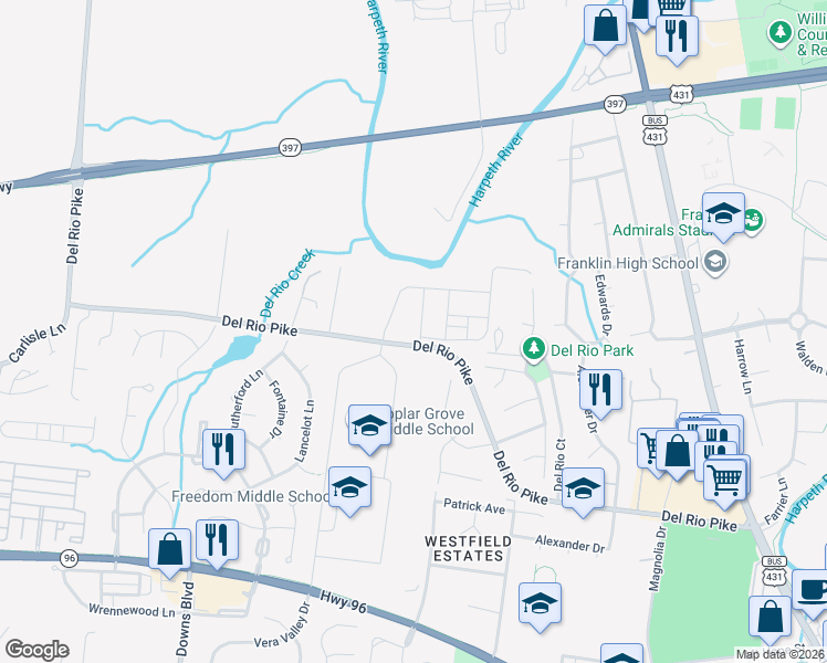 map of restaurants, bars, coffee shops, grocery stores, and more near 1000 Reese Drive in Franklin