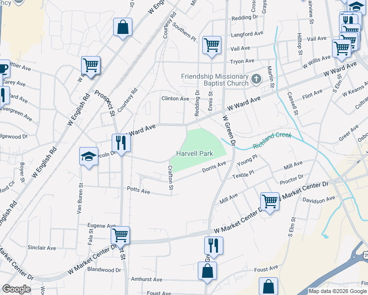 map of restaurants, bars, coffee shops, grocery stores, and more near 1224 Lincoln Drive in High Point