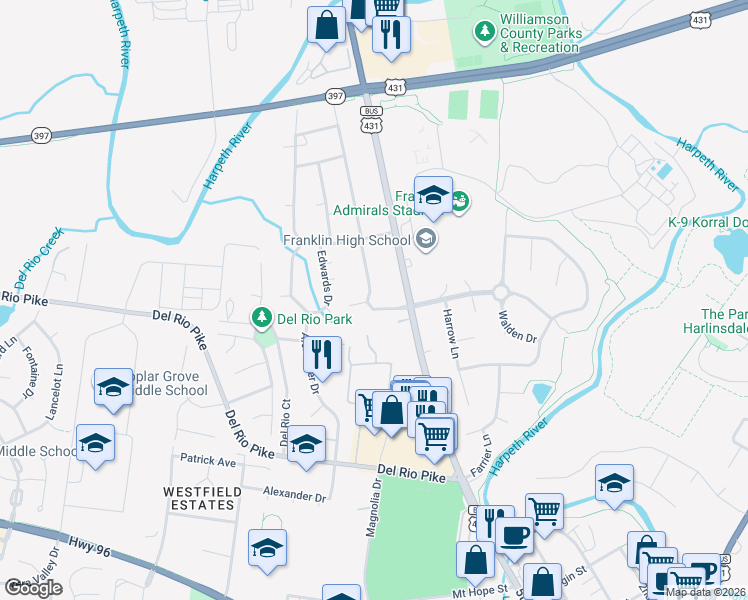 map of restaurants, bars, coffee shops, grocery stores, and more near 904 Granville Road in Franklin