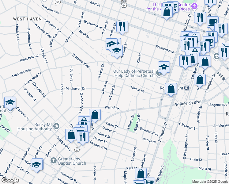 map of restaurants, bars, coffee shops, grocery stores, and more near 805 South Tillery Street in Rocky Mount