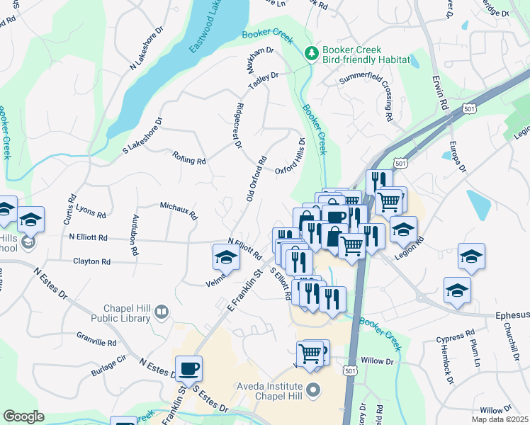 map of restaurants, bars, coffee shops, grocery stores, and more near 211 Old Franklin Grove Drive in Chapel Hill