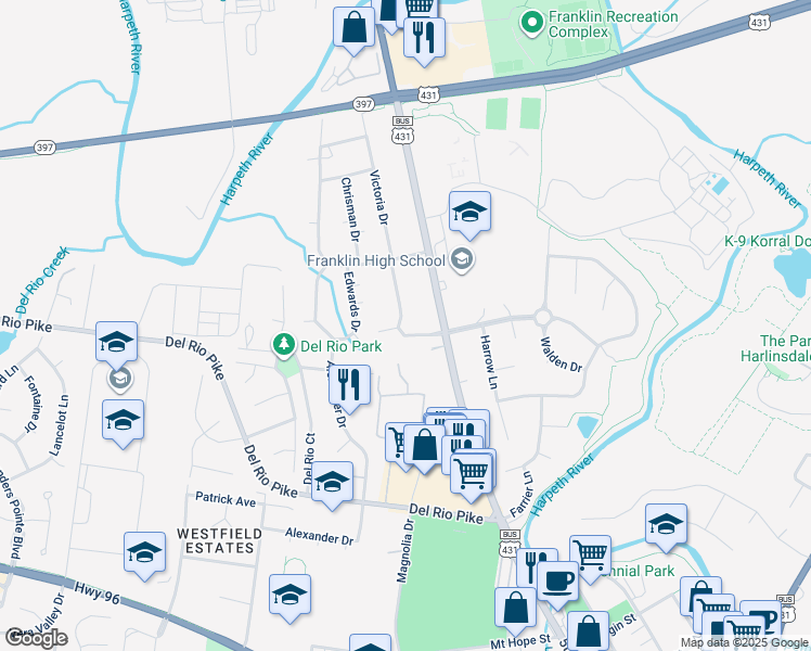 map of restaurants, bars, coffee shops, grocery stores, and more near 904 Granville Road in Franklin