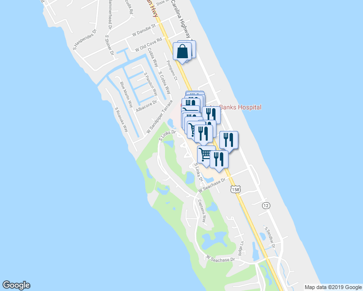 map of restaurants, bars, coffee shops, grocery stores, and more near 50249 Spoon Court in Nags Head