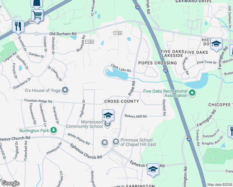 map of restaurants, bars, coffee shops, grocery stores, and more near 2108 Fountain Ridge Road in Chapel Hill