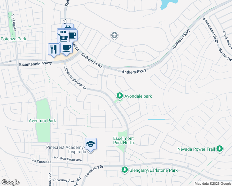 map of restaurants, bars, coffee shops, grocery stores, and more near 2424 Antrim Irish Drive in Henderson