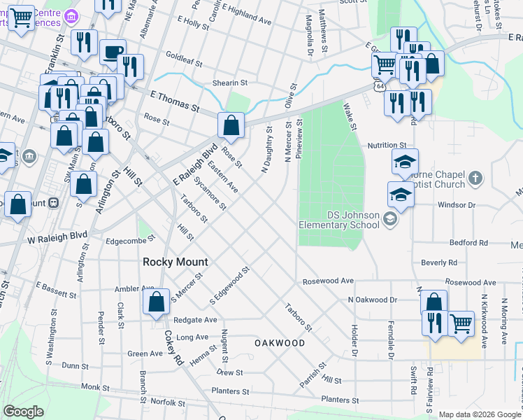 map of restaurants, bars, coffee shops, grocery stores, and more near 200-298 North Mercer Street in Rocky Mount