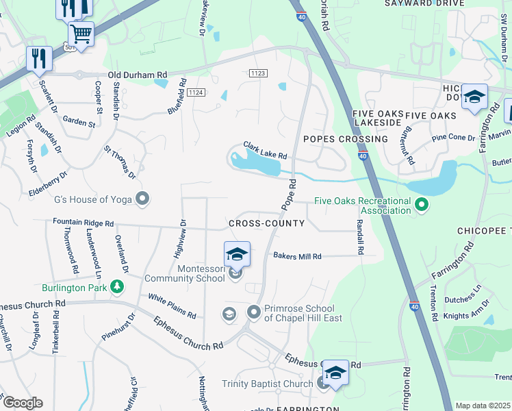 map of restaurants, bars, coffee shops, grocery stores, and more near 2108 Fountain Ridge Road in Chapel Hill