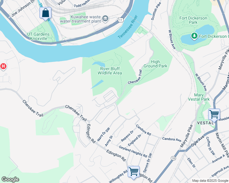 map of restaurants, bars, coffee shops, grocery stores, and more near 1101 Tree Top Way in Knoxville