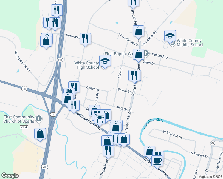 map of restaurants, bars, coffee shops, grocery stores, and more near 127 Pearson Street in Sparta