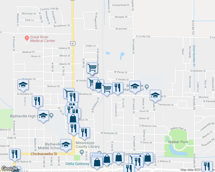 map of restaurants, bars, coffee shops, grocery stores, and more near 1000 North Broadway Street in Blytheville