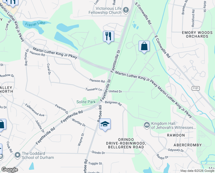 map of restaurants, bars, coffee shops, grocery stores, and more near 504 United Drive in Durham