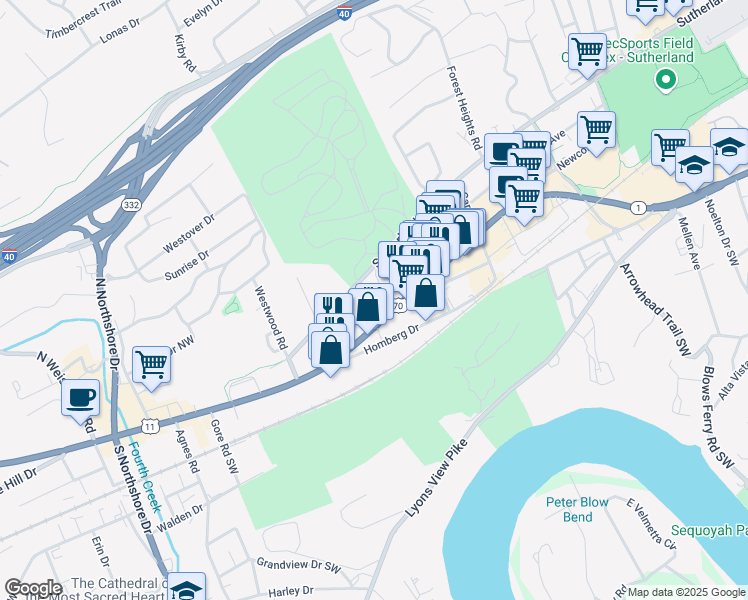 map of restaurants, bars, coffee shops, grocery stores, and more near 5399 Lee Highway in Knoxville