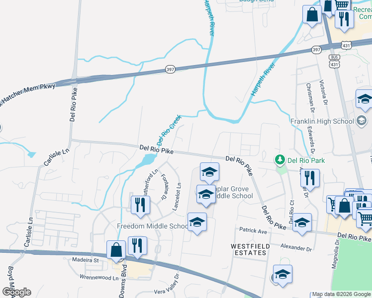 map of restaurants, bars, coffee shops, grocery stores, and more near 2965 Del Rio Pike in Franklin