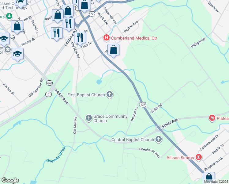 map of restaurants, bars, coffee shops, grocery stores, and more near 167 Bible Way in Crossville