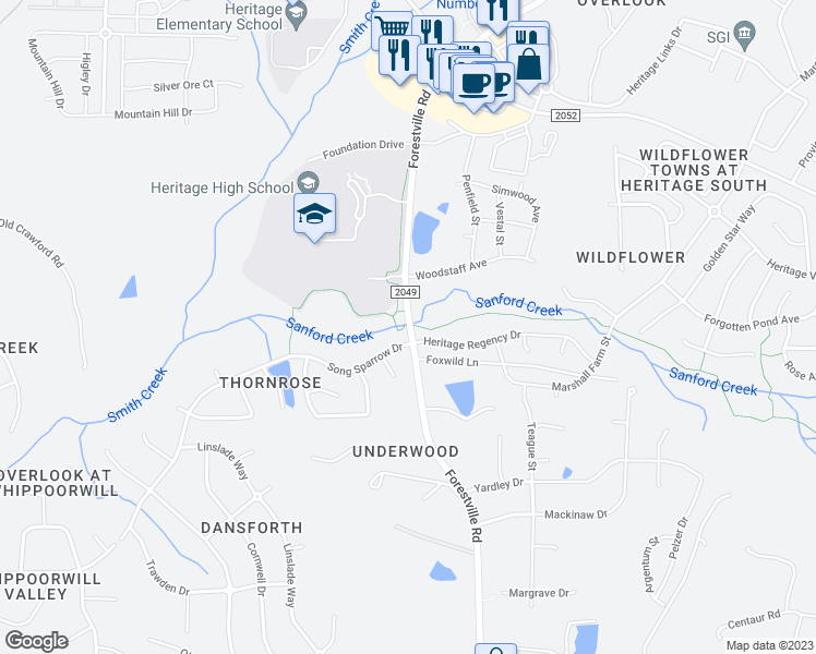 map of restaurants, bars, coffee shops, grocery stores, and more near 4024 Song Sparrow Drive in Wake Forest