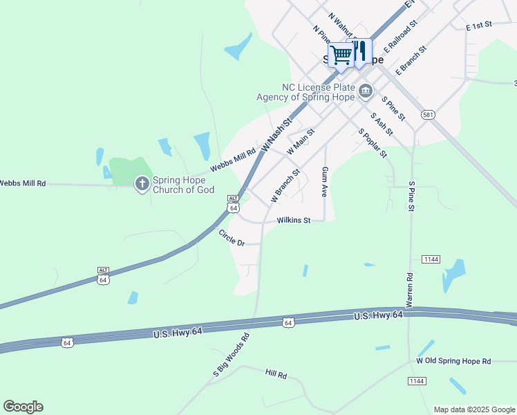 map of restaurants, bars, coffee shops, grocery stores, and more near 114 Warren Street in Spring Hope
