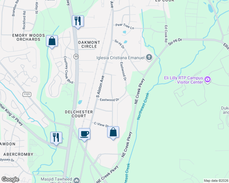 map of restaurants, bars, coffee shops, grocery stores, and more near 2005 Eastwood Drive in Durham