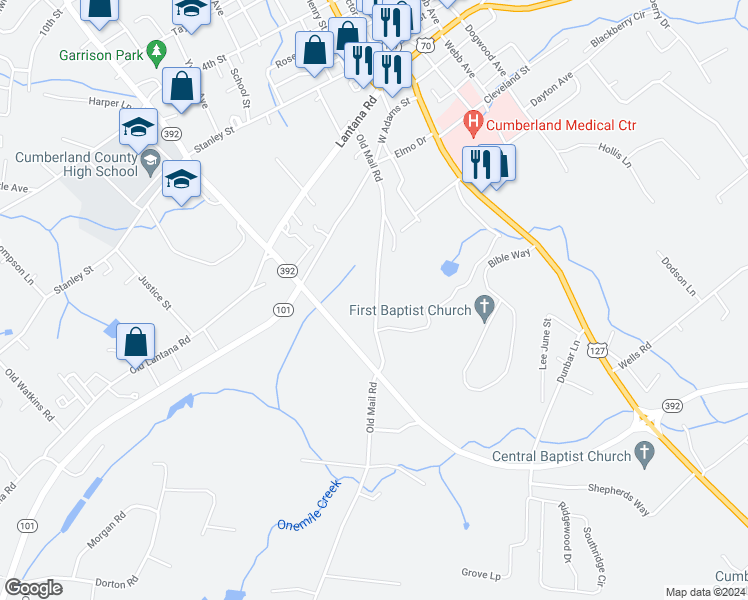 map of restaurants, bars, coffee shops, grocery stores, and more near 486 Old Mail Road in Crossville