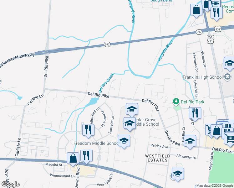 map of restaurants, bars, coffee shops, grocery stores, and more near 2965 Del Rio Pike in Franklin