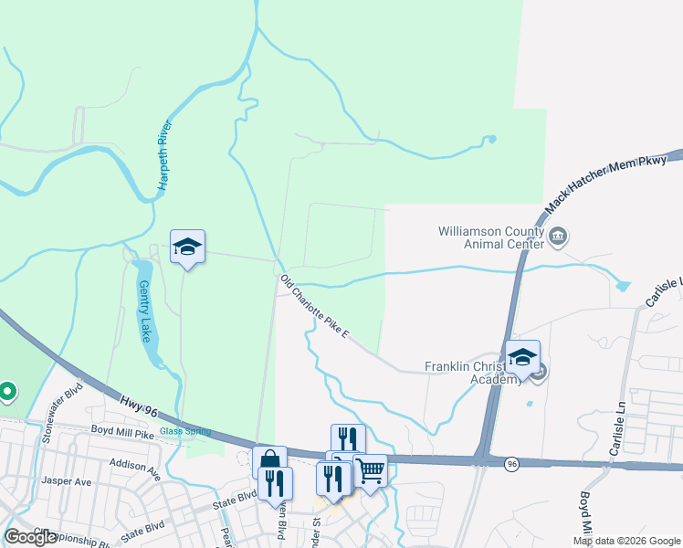map of restaurants, bars, coffee shops, grocery stores, and more near 857 Old Charlotte Pike East in Franklin