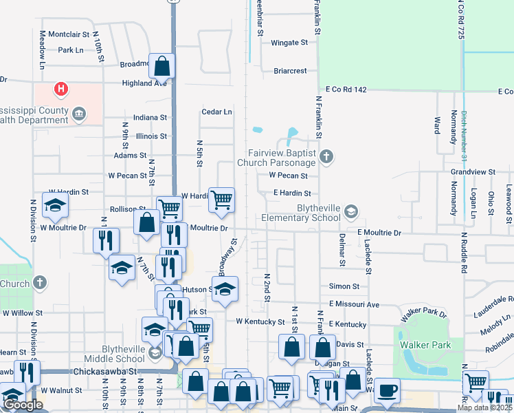map of restaurants, bars, coffee shops, grocery stores, and more near 1000 North Broadway Street in Blytheville