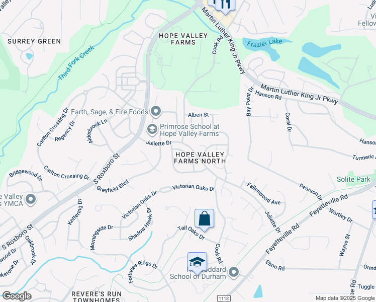 map of restaurants, bars, coffee shops, grocery stores, and more near 614 Ashford Lane in Durham