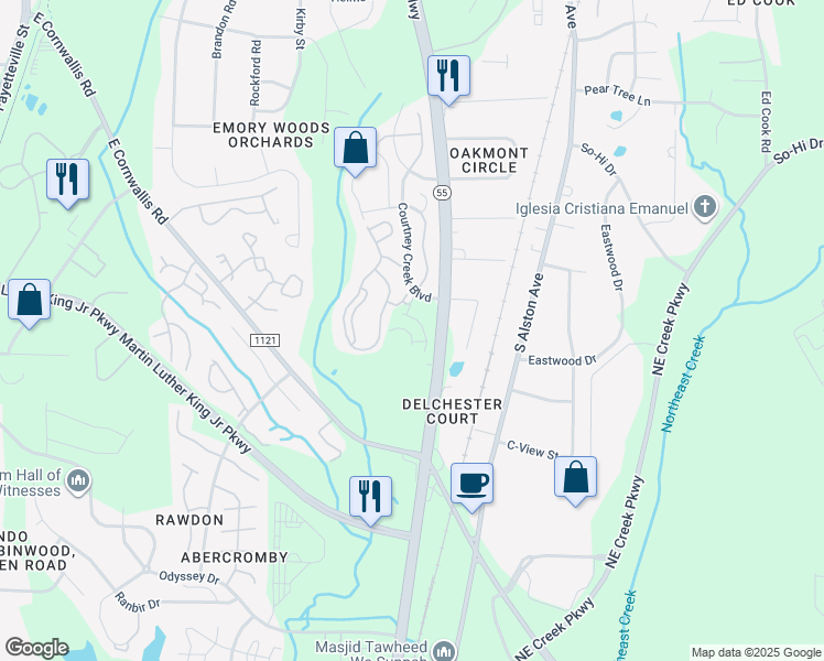 map of restaurants, bars, coffee shops, grocery stores, and more near 2801 Courtney Creek Boulevard in Durham