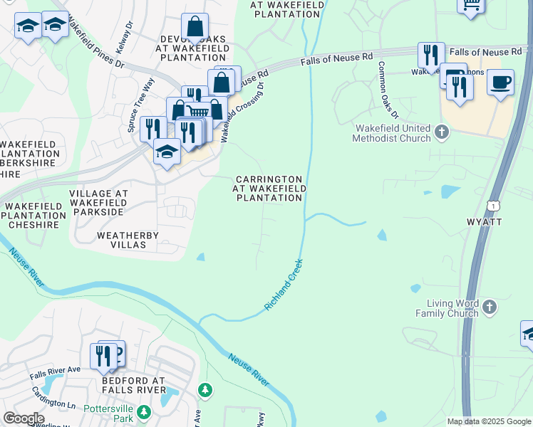 map of restaurants, bars, coffee shops, grocery stores, and more near 2901 Witterton Place in Raleigh