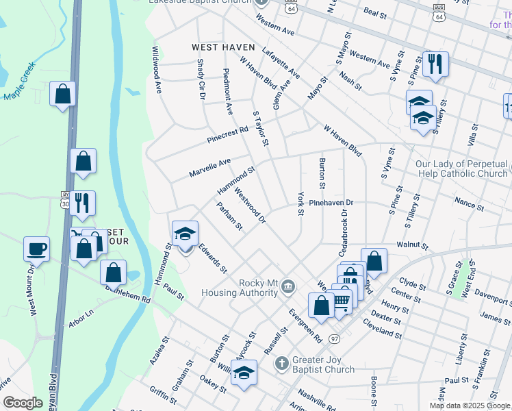 map of restaurants, bars, coffee shops, grocery stores, and more near 729 Westwood Drive in Rocky Mount