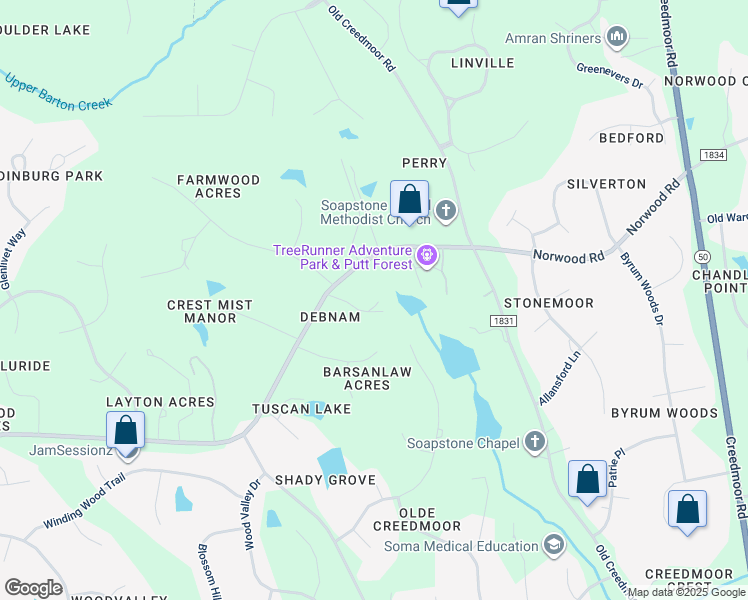 map of restaurants, bars, coffee shops, grocery stores, and more near 11000 Dunham Lane in Raleigh