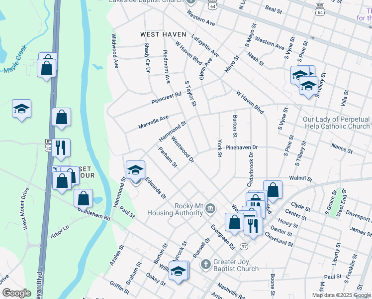 map of restaurants, bars, coffee shops, grocery stores, and more near 729 Westwood Drive in Rocky Mount