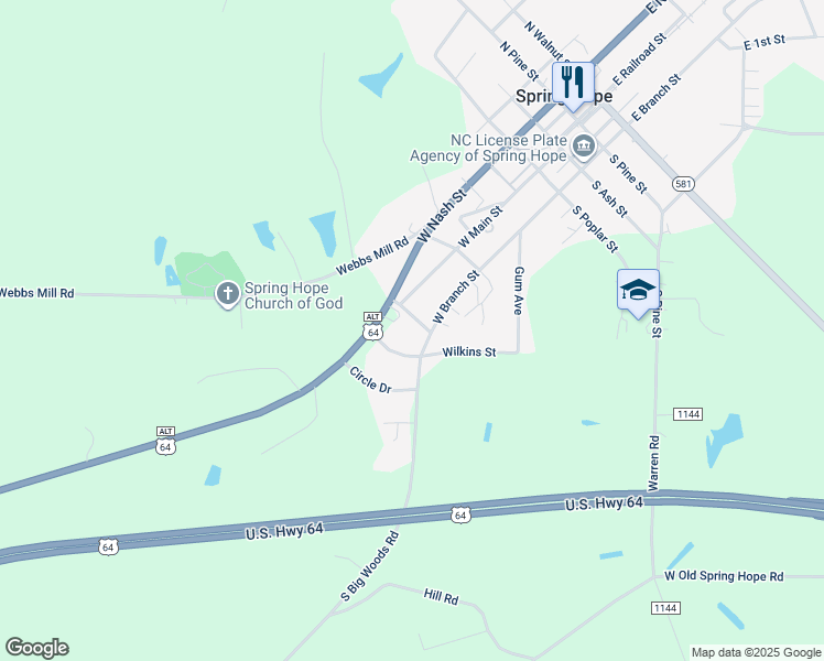 map of restaurants, bars, coffee shops, grocery stores, and more near 114 Warren Street in Spring Hope