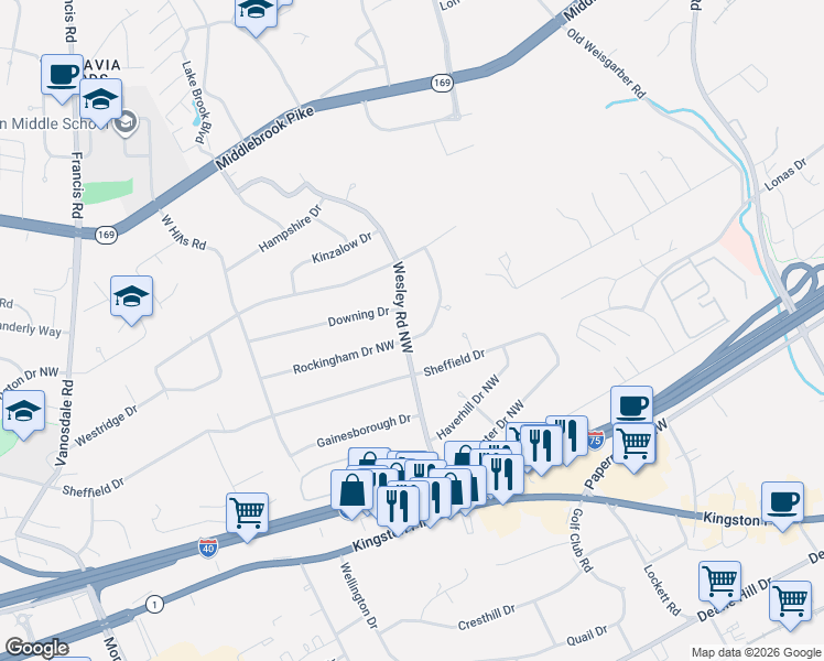 map of restaurants, bars, coffee shops, grocery stores, and more near 512 Wesley Road Northwest in Knoxville